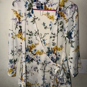 Warehouse White Floral Wrap Top with Yellow & Blue Blooms